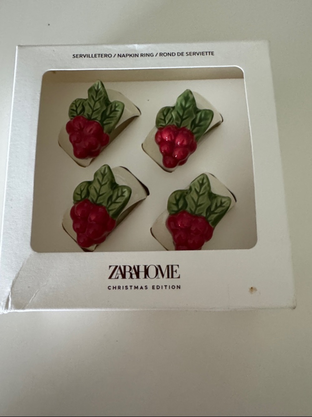 Zara Home Christmas Napkin Rings with Red Berries and Green Leaves